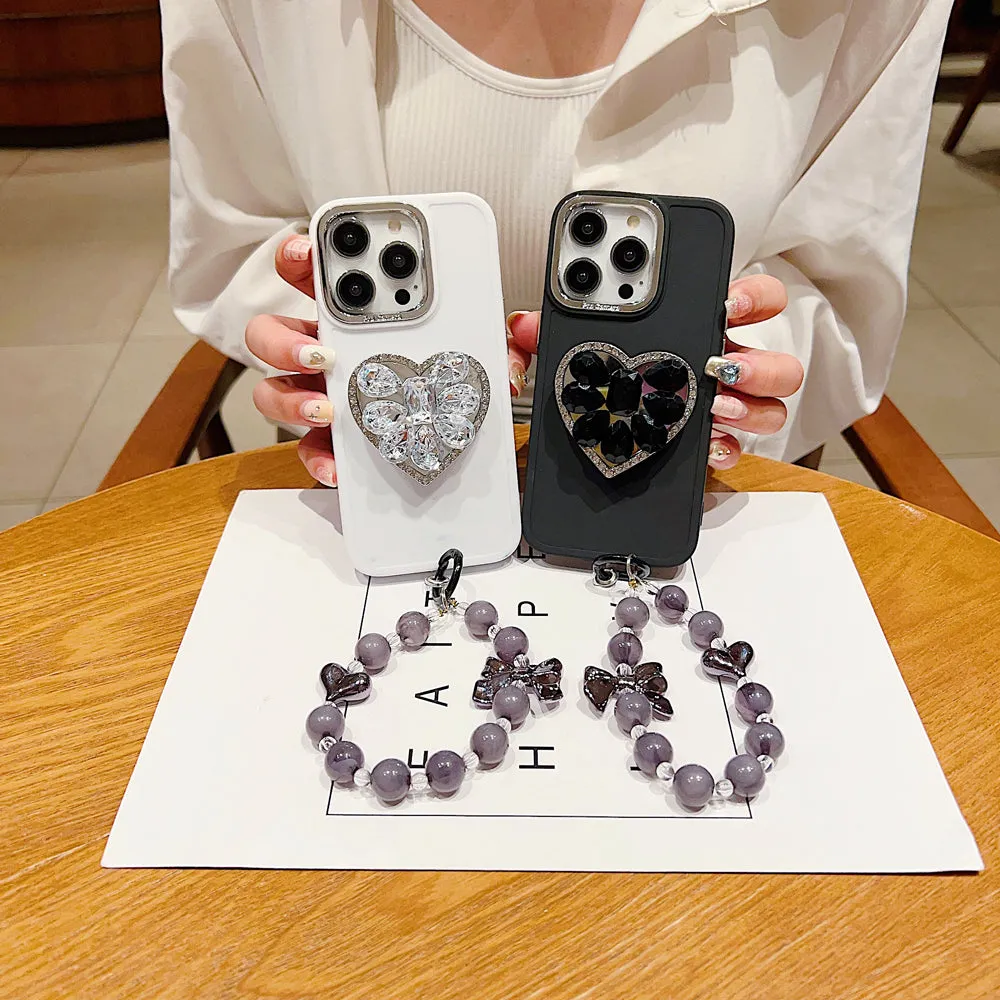 Stone Heart Shape Stand Silicone Soft Phone Cover with Bracelet - Samsung S23FE