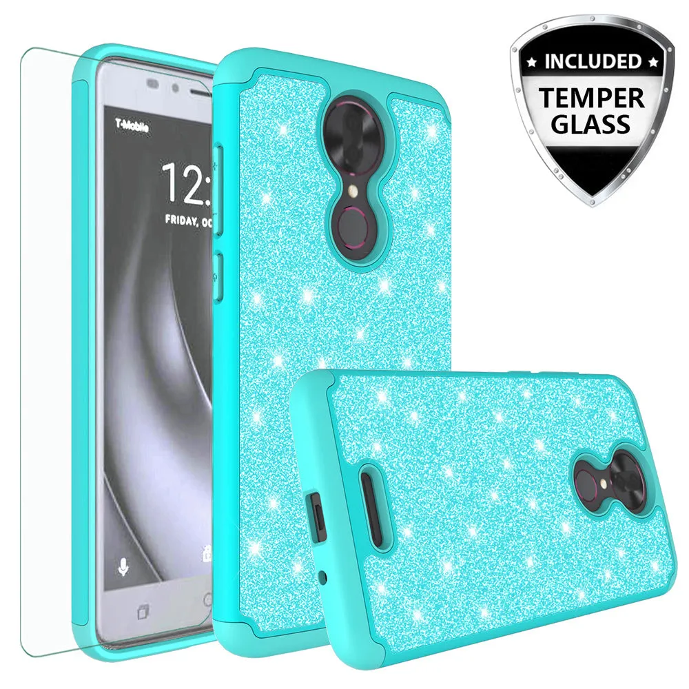 T-mobile REVVL  Plus, Coolpad REVVL Plus Case, Glitter Bling Heavy Duty Shock Proof Hybrid Case with [HD Screen Protector] Dual Layer Protective Phone Cover W/Temper Glass - Teal