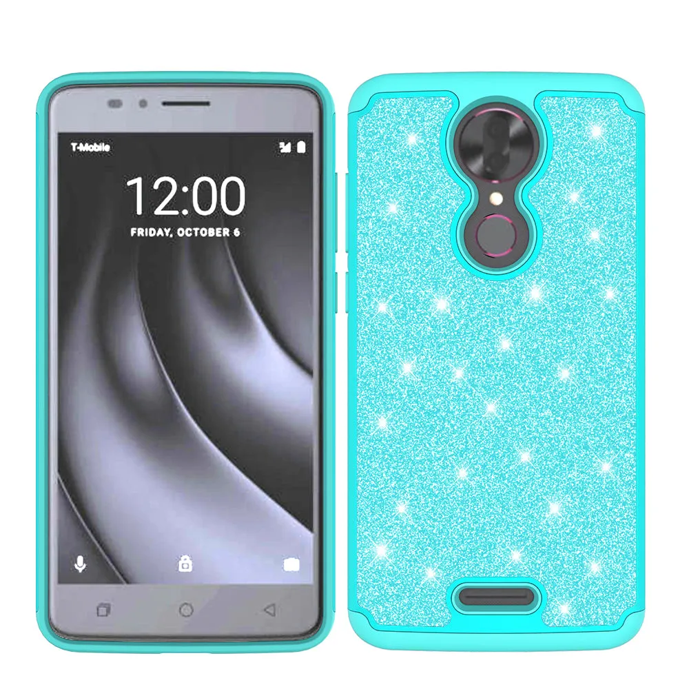T-mobile REVVL  Plus, Coolpad REVVL Plus Case, Glitter Bling Heavy Duty Shock Proof Hybrid Case with [HD Screen Protector] Dual Layer Protective Phone Cover W/Temper Glass - Teal