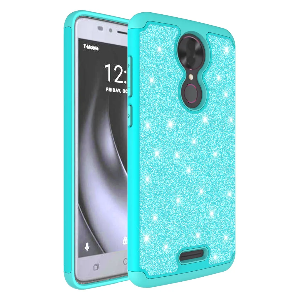 T-mobile REVVL  Plus, Coolpad REVVL Plus Case, Glitter Bling Heavy Duty Shock Proof Hybrid Case with [HD Screen Protector] Dual Layer Protective Phone Cover W/Temper Glass - Teal