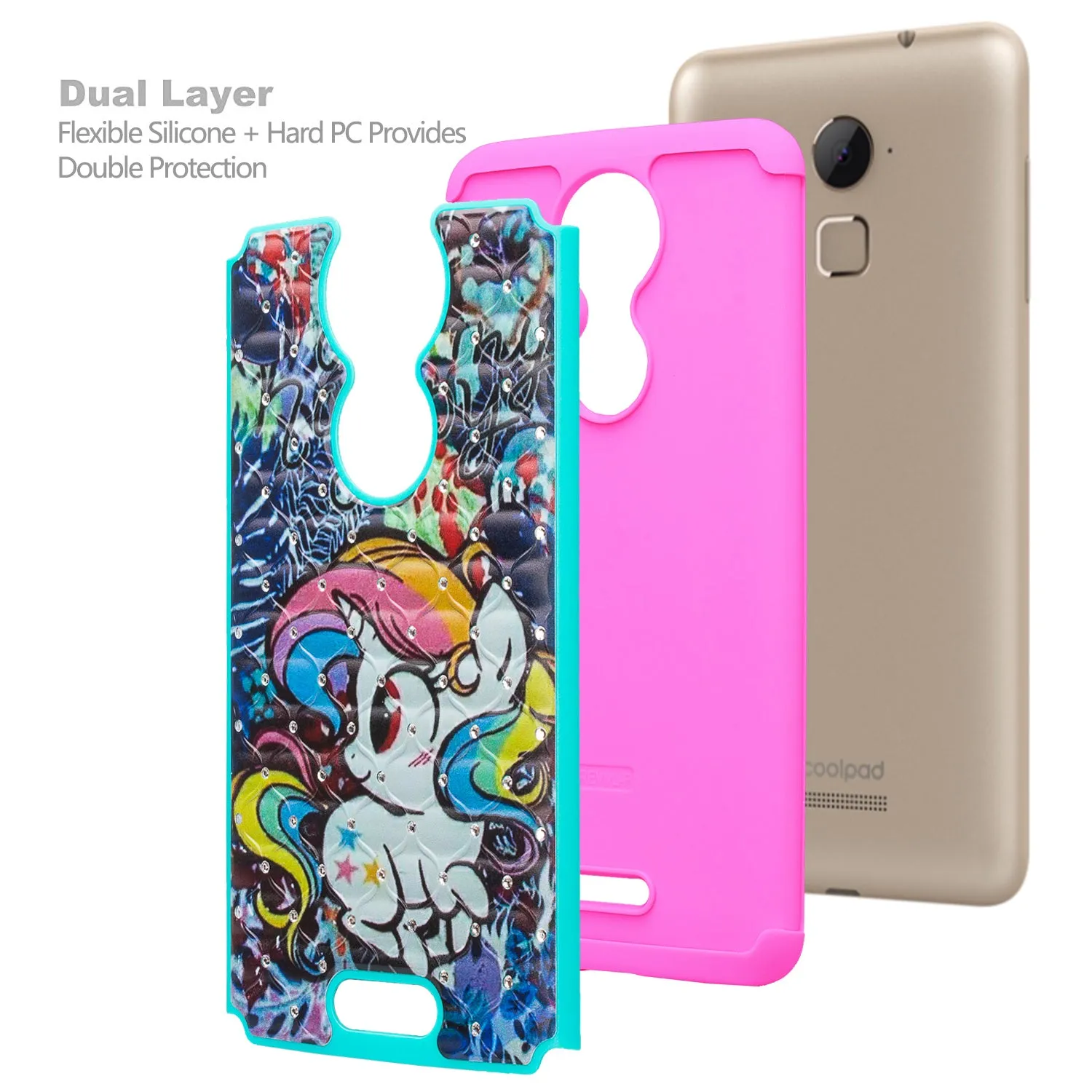 T-mobile REVVL  Plus, Coolpad REVVL Plus Case, Slim Crystal Rhinestone Hybrid Dual Layer [Shock Resistant] Cover -  Rainbow Unicorn