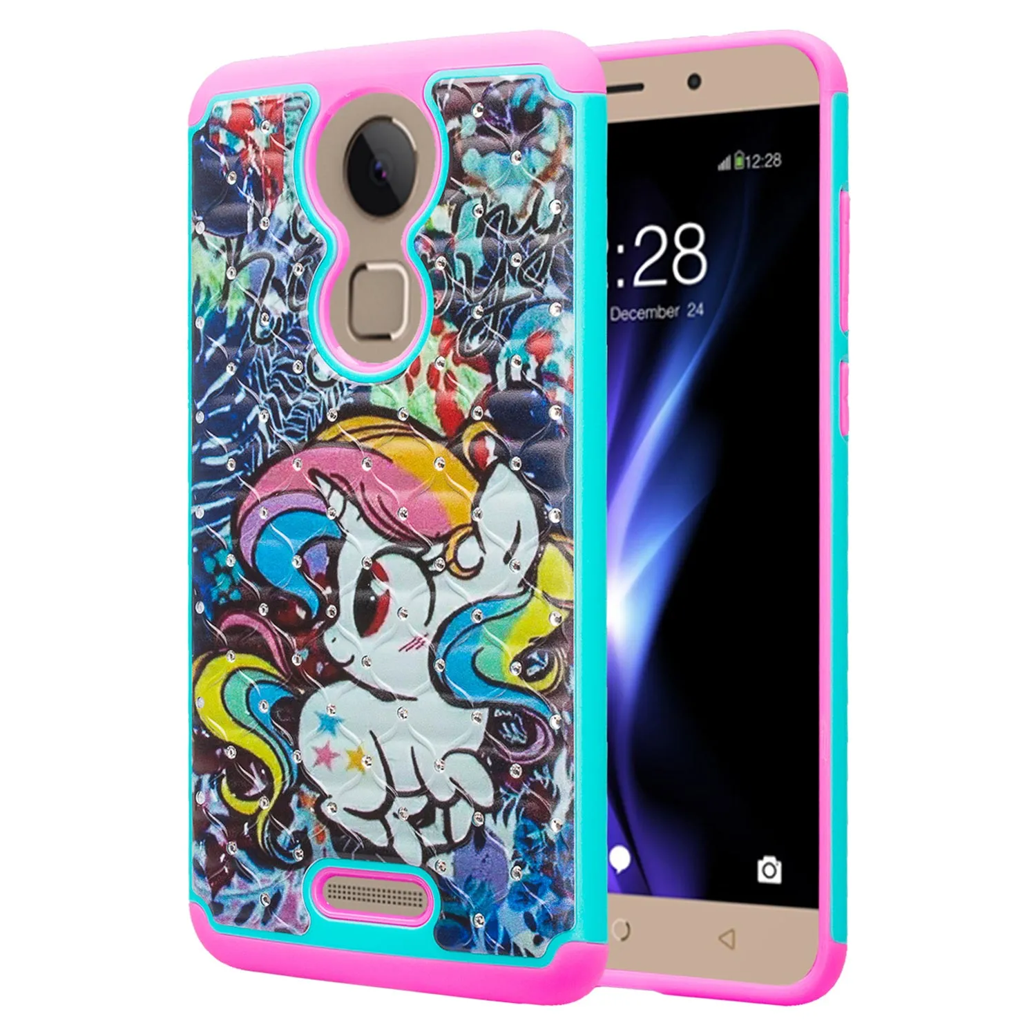 T-mobile REVVL  Plus, Coolpad REVVL Plus Case, Slim Crystal Rhinestone Hybrid Dual Layer [Shock Resistant] Cover -  Rainbow Unicorn
