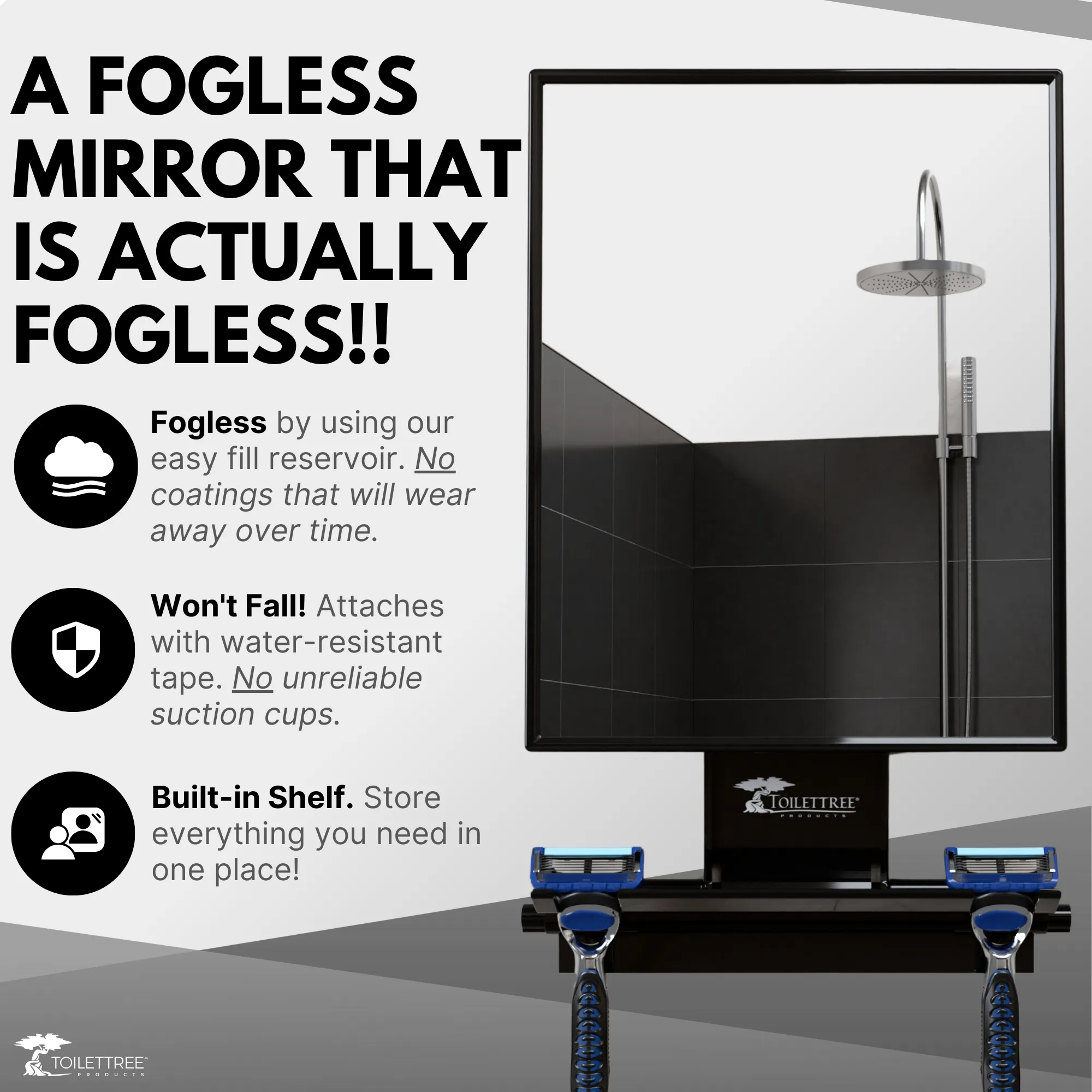 Tall Fogless Shower Mirror - Black