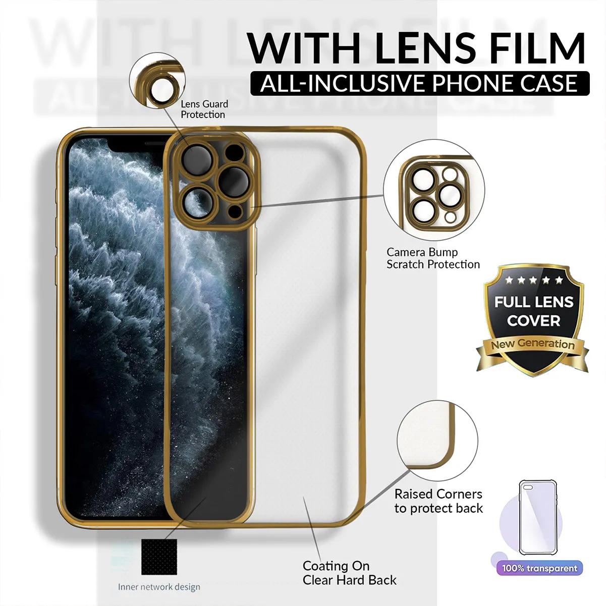 Transparent Silicone Case Cover For iPhone 11 Pro Max-Gold