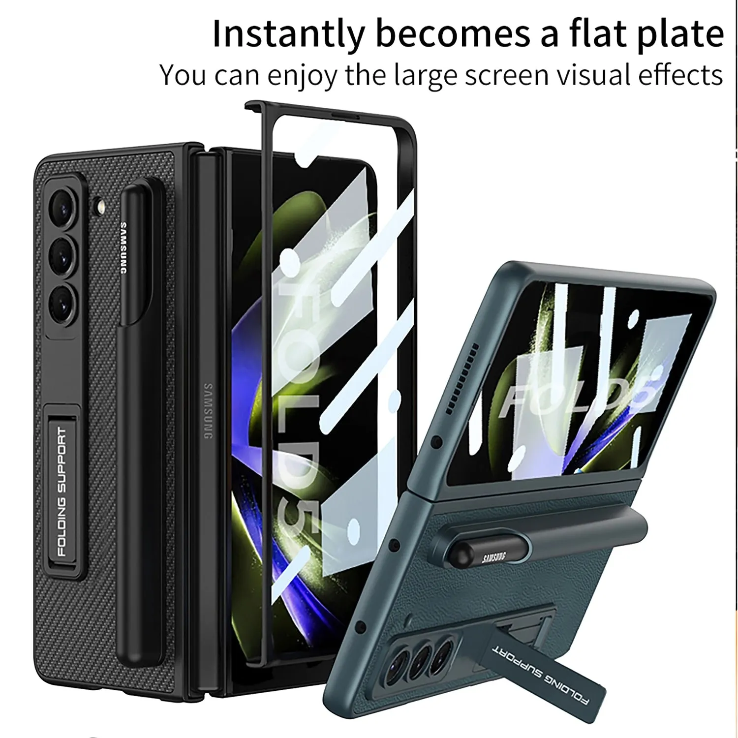 Ultra Thin Plain Leather Matte Bracket With Pen Holder Tempered Film For Samsung Galaxy Z Fold 5