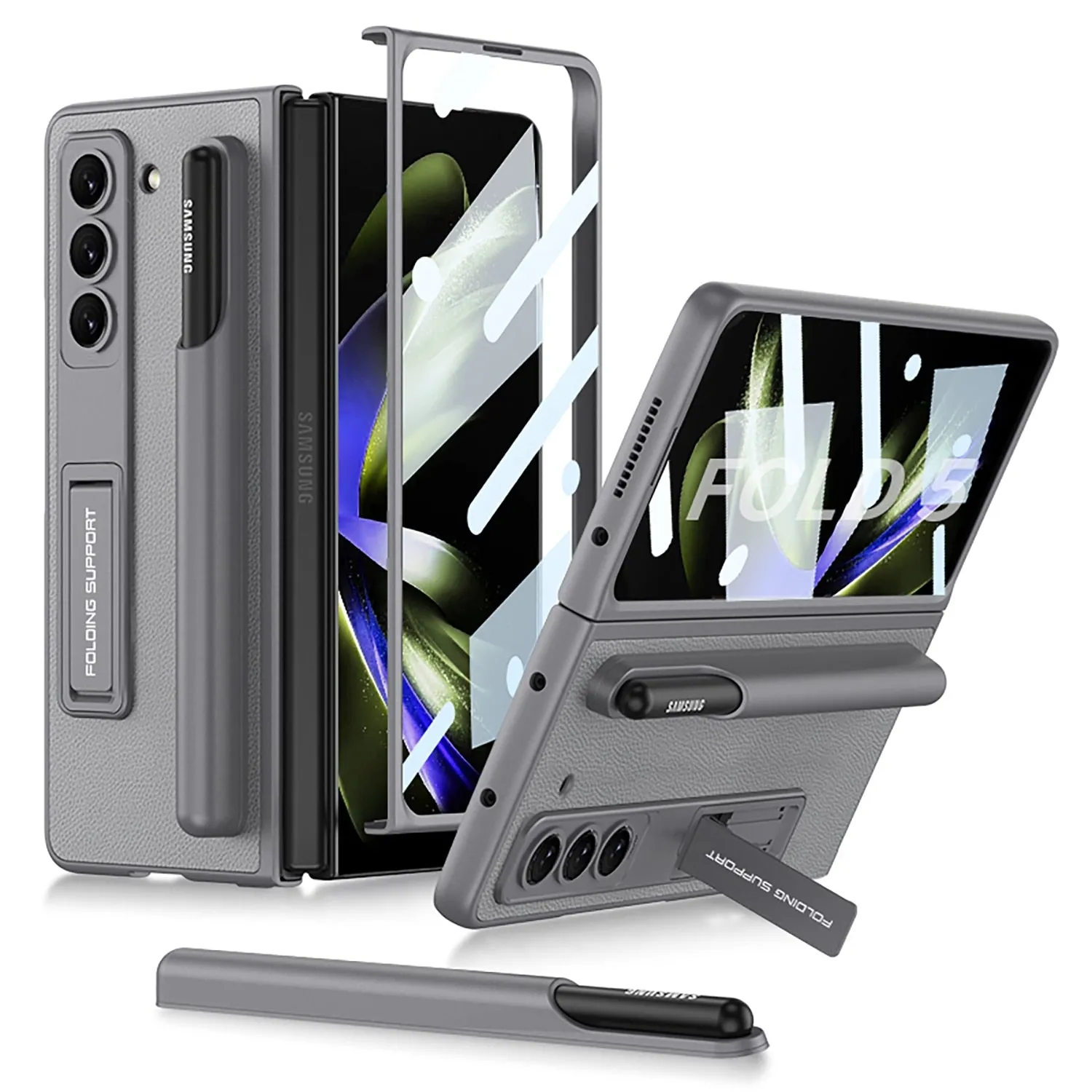 Ultra Thin Plain Leather Matte Bracket With Pen Holder Tempered Film For Samsung Galaxy Z Fold 5