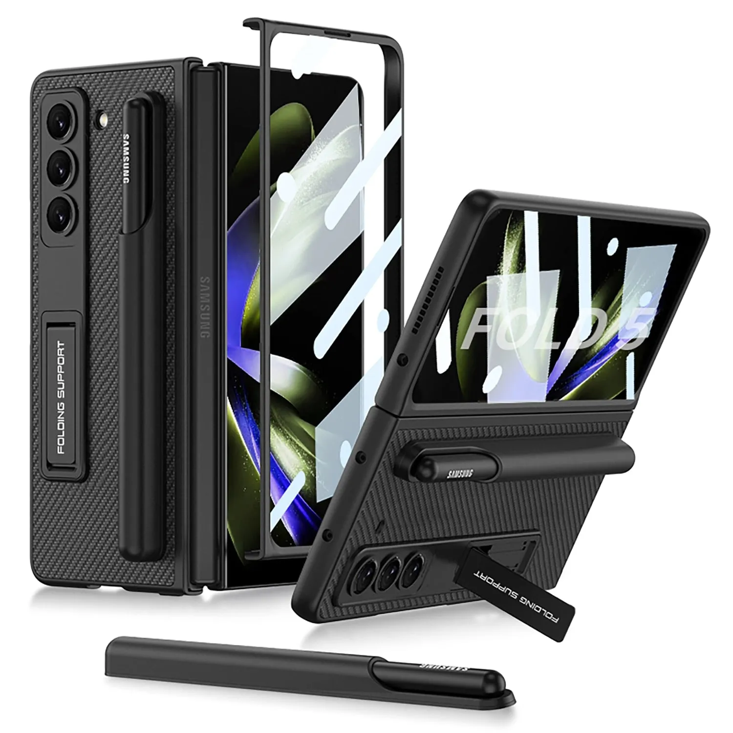 Ultra Thin Plain Leather Matte Bracket With Pen Holder Tempered Film For Samsung Galaxy Z Fold 5