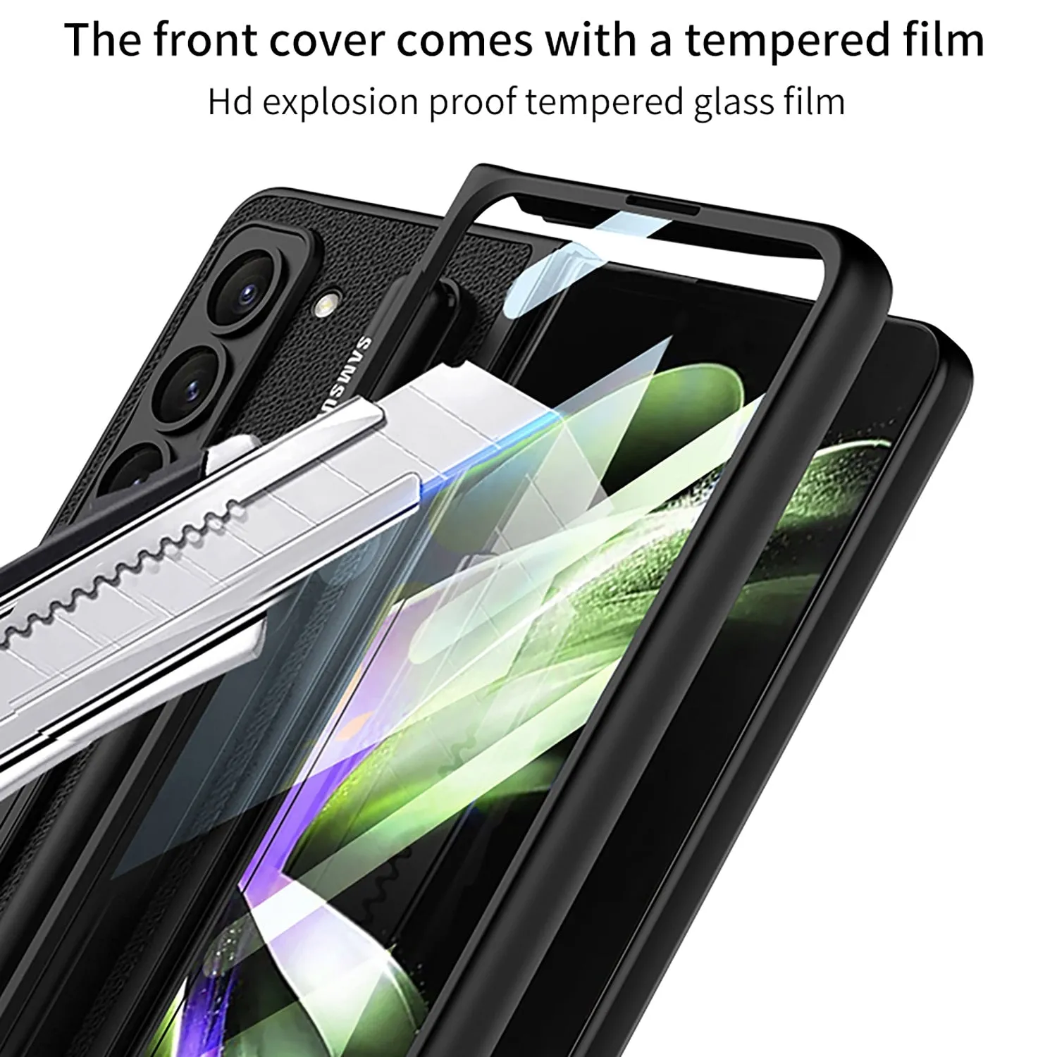 Ultra Thin Plain Leather Matte Bracket With Pen Holder Tempered Film For Samsung Galaxy Z Fold 5