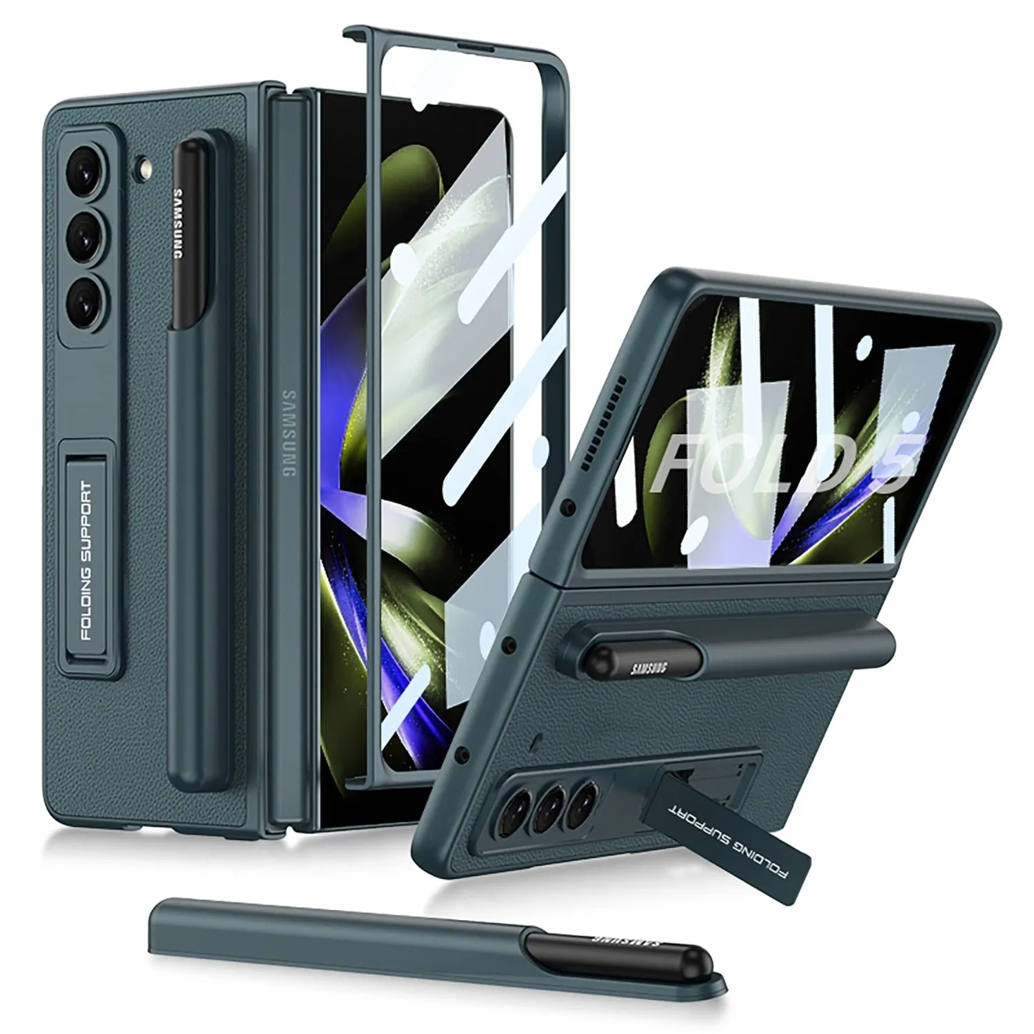 Ultra Thin Plain Leather Matte Bracket With Pen Holder Tempered Film For Samsung Galaxy Z Fold 5