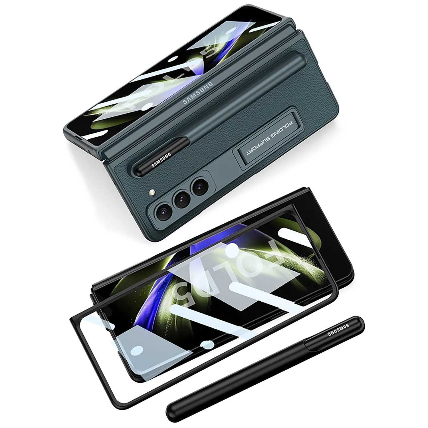 Ultra Thin Plain Leather Matte Bracket With Pen Holder Tempered Film For Samsung Galaxy Z Fold 5
