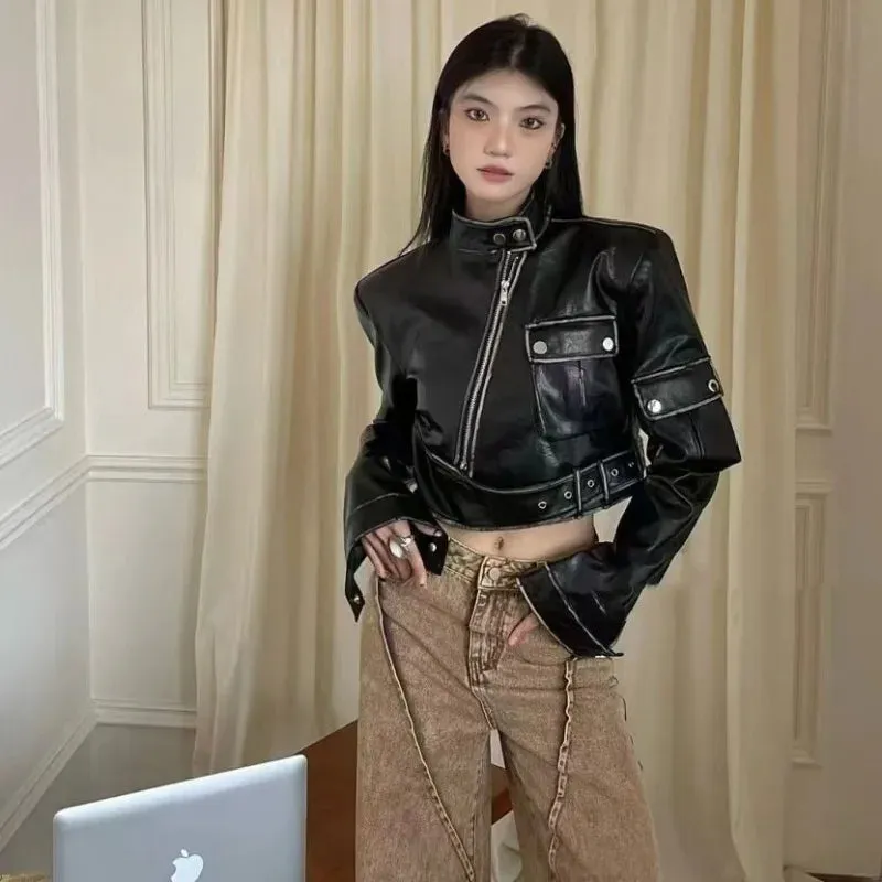 Vevesc Niche Fashion American High Street Biker Jackets Harajuku Y2k Fashion Popular High Waist Sweet Cool Coats Punk Harajuku Clothes