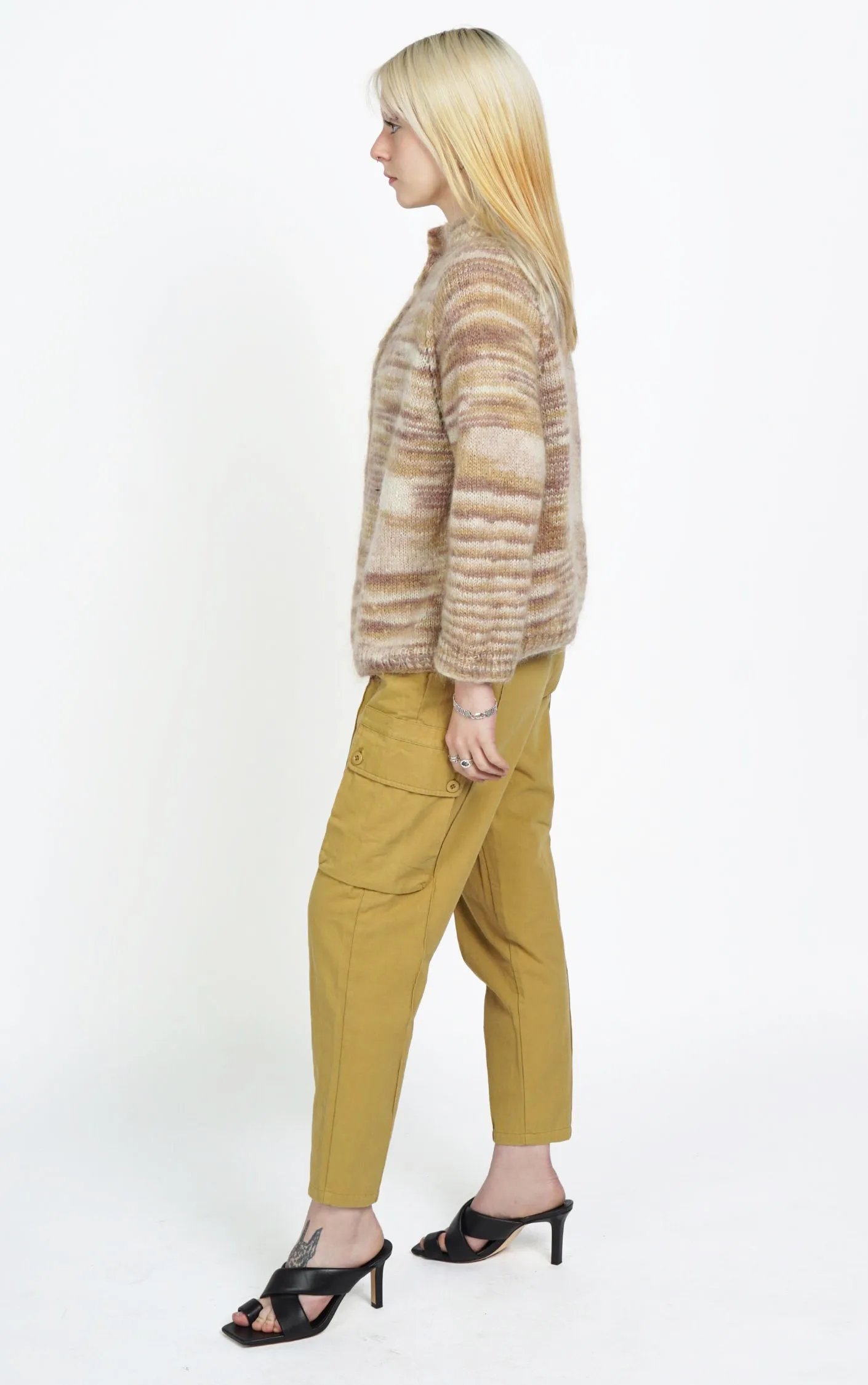 VINTAGE Angora Shaggy Striped Buttoned Cardigan