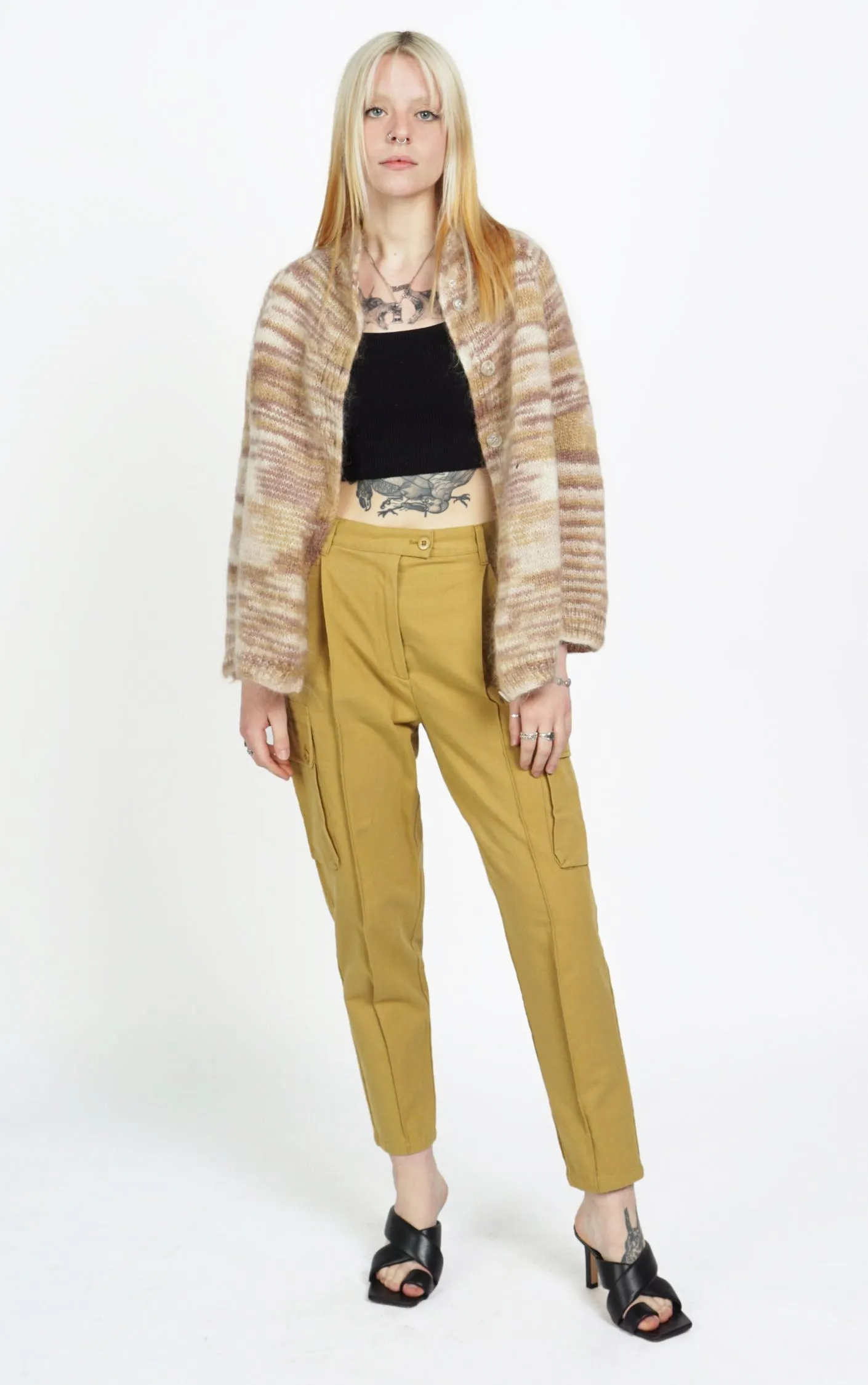 VINTAGE Angora Shaggy Striped Buttoned Cardigan