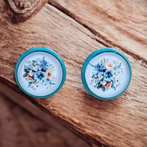 Vintage Blue Floral Stud Earrings – 12mm Handmade Resin Earrings, Cottagecore Jewelry, Boho Retro Earrings for Women