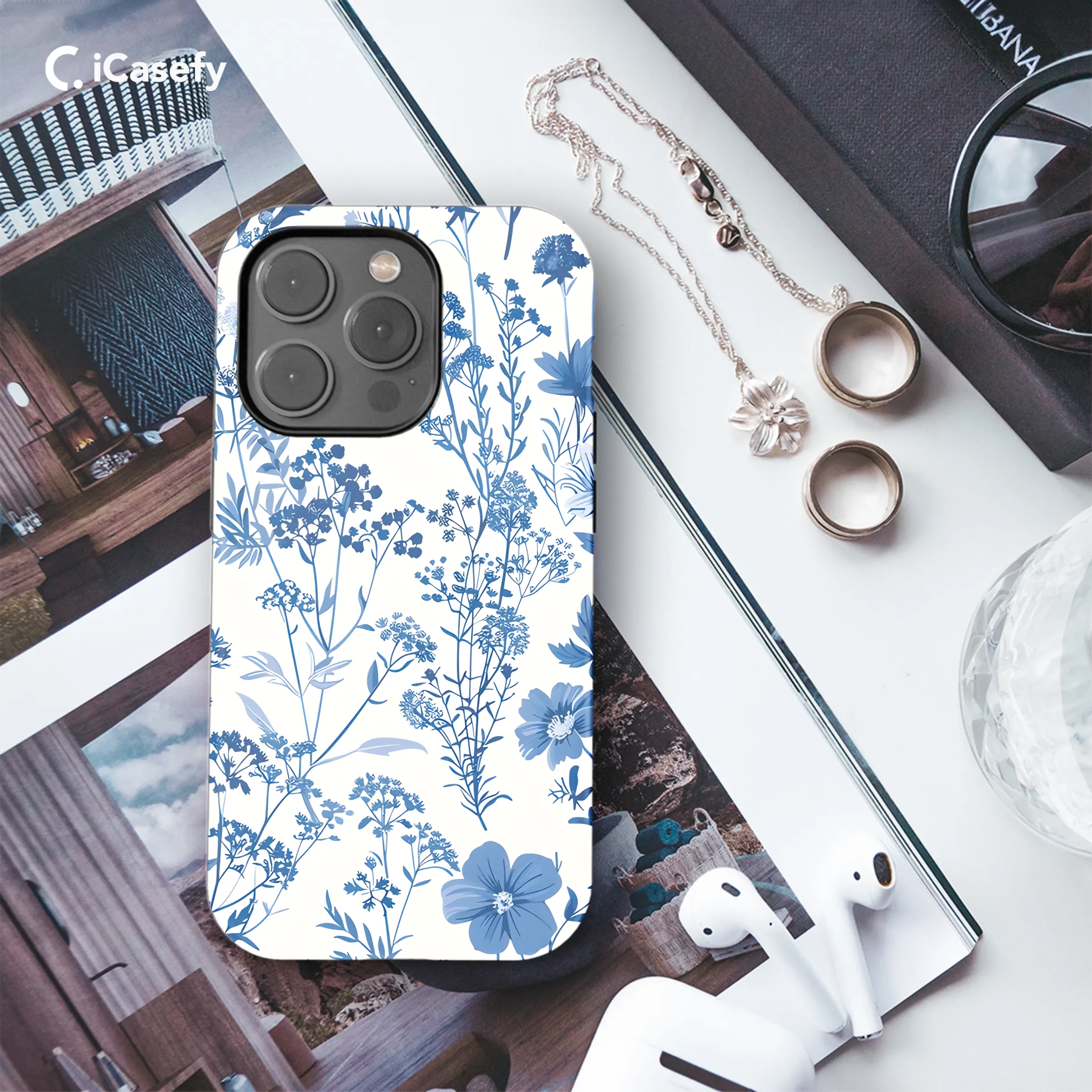 Vintage Floral Wildflower Blue Toile De Jouy Phone Case iPhone Samsung Cover Pixel 1831
