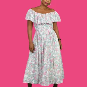 Vintage Lanz Originals Midi Dress Pink Floral Off Shoulder 80s Watercolor Cottagecore Ruffle Size 2 XS