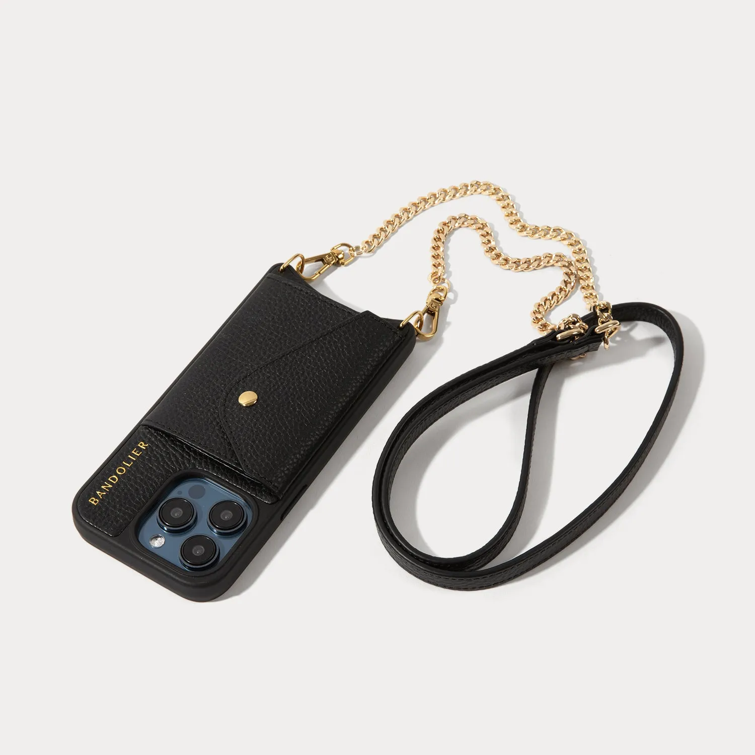 Vivian Side Slot Leather Crossbody Bandolier - Black/Gold