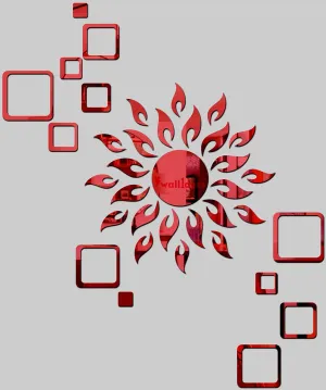 Wall1ders Sun Red with 12 Square Red (Sun Size 45 cm x 45 cm), Mirror Stickers for Wall, Acrylic Stickers, Wall Mirror Stickers, Wall Stickers for Bedroom, Hall, Home Offices