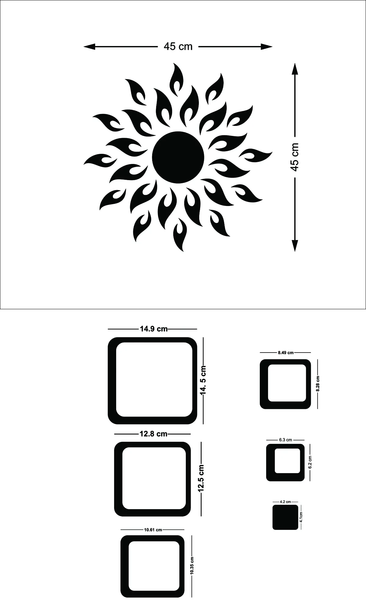 Wall1ders Sun Red with 12 Square Red (Sun Size 45 cm x 45 cm), Mirror Stickers for Wall, Acrylic Stickers, Wall Mirror Stickers, Wall Stickers for Bedroom, Hall, Home Offices