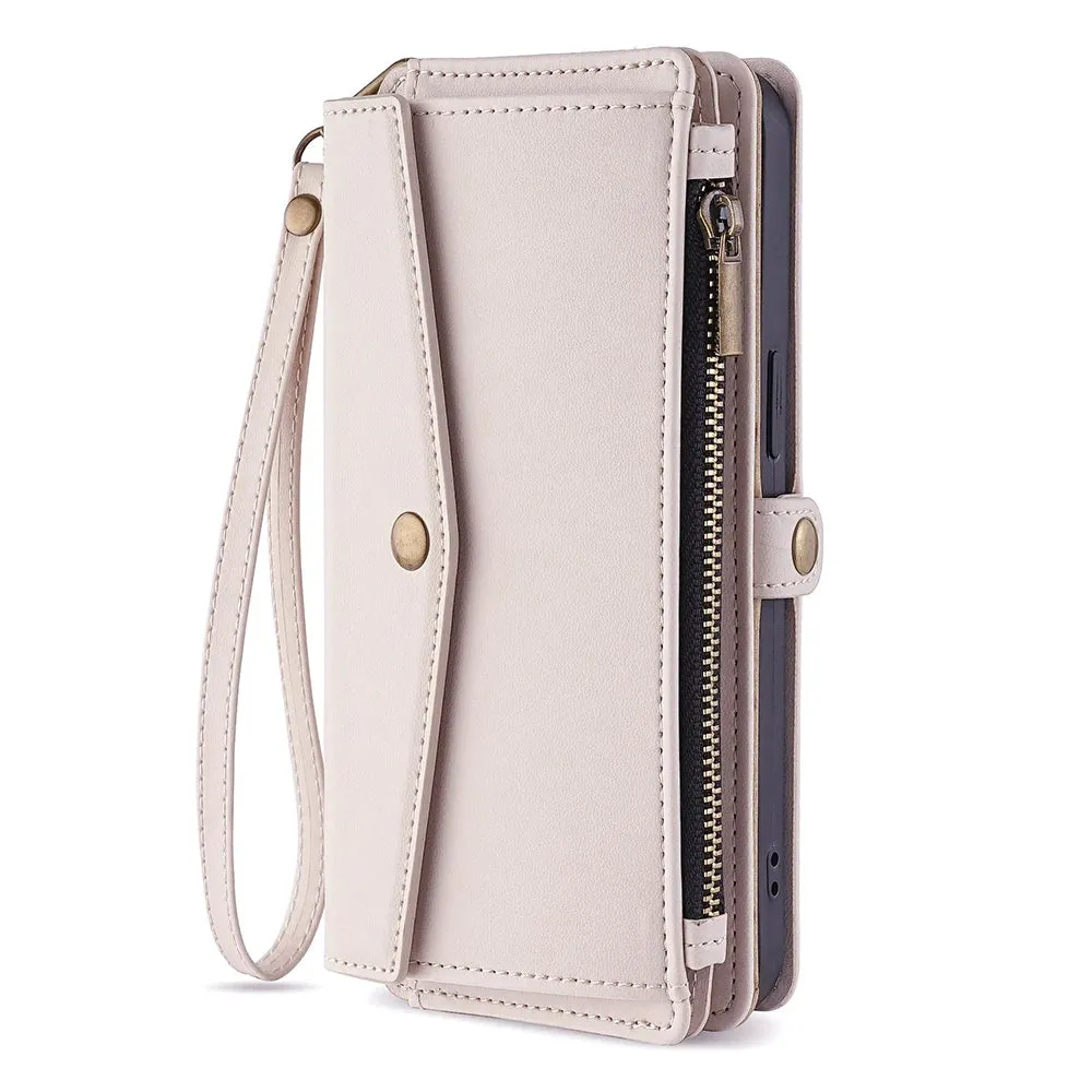Wallet Flip Stand Leather Case for iPhone 6-15 Pro Max with Crossbody Strap