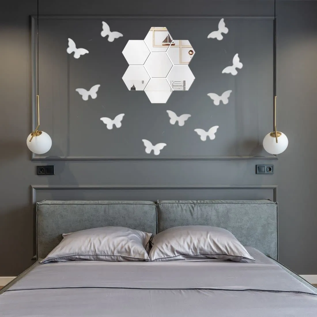 WallWear offering 3D Large Hexagon Acrylic Stickers (Pack of 7) with 10 Butterfly Acrylic Mirror Wall Stickers for Home & Offices(Silver), Self-Adhesive