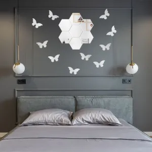 WallWear offering 3D Large Hexagon Acrylic Stickers (Pack of 7) with 10 Butterfly Acrylic Mirror Wall Stickers for Home & Offices(Silver), Self-Adhesive