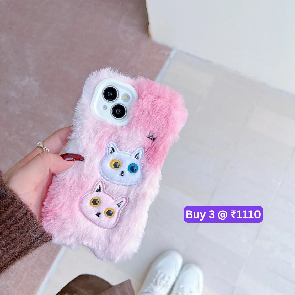 Warm Fluffy Furry Cat Embroided Camera Protection Phone Case - iPhone 13