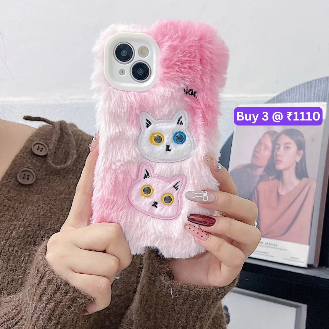 Warm Fluffy Furry Cat Embroided Camera Protection Phone Case - iPhone 13