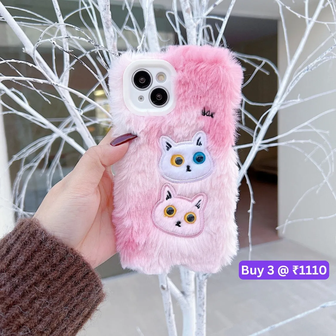 Warm Fluffy Furry Cat Embroided Camera Protection Phone Case - iPhone 15 Plus