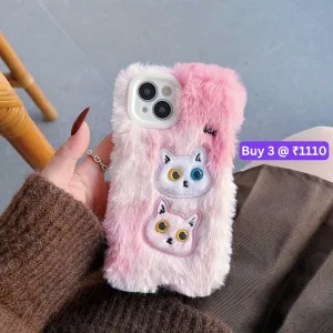 Warm Fluffy Furry Cat Embroided Camera Protection Phone Case - iPhone 15 Plus