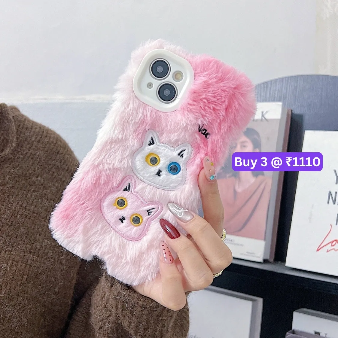 Warm Fluffy Furry Cat Embroided Camera Protection Phone Case - iPhone 15 Plus
