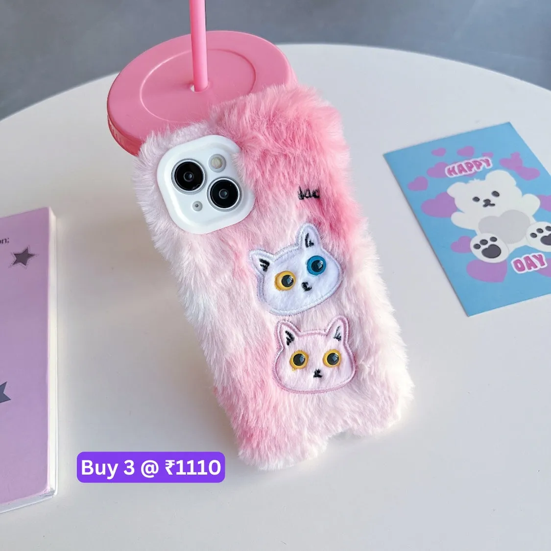 Warm Fluffy Furry Cat Embroided Camera Protection Phone Case - iPhone 15 Plus