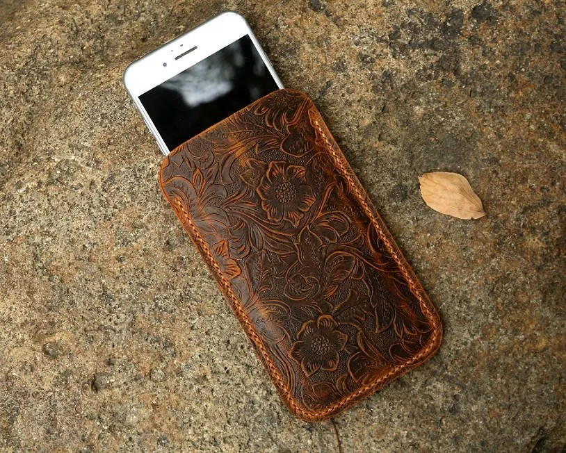 Women genuine embossing leather sleeve for iPhone 11 Pro Max / iPhone leather sleeve pouch case
