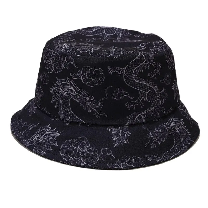 Women Men Fire Butterfly Cloud Dragon Graffiti Print Bucket Hat Harajuku Hip Hop Wide Brim Sunscreen Fisherman Cap