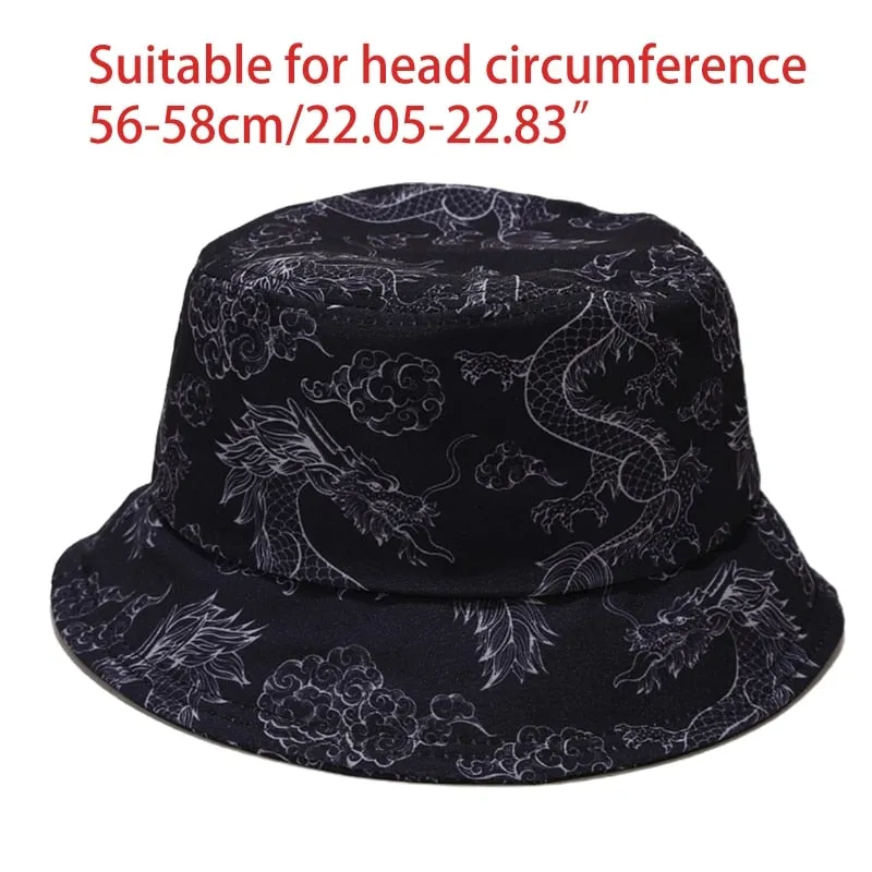 Women Men Fire Butterfly Cloud Dragon Graffiti Print Bucket Hat Harajuku Hip Hop Wide Brim Sunscreen Fisherman Cap