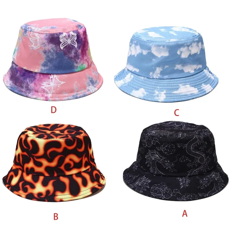 Women Men Fire Butterfly Cloud Dragon Graffiti Print Bucket Hat Harajuku Hip Hop Wide Brim Sunscreen Fisherman Cap