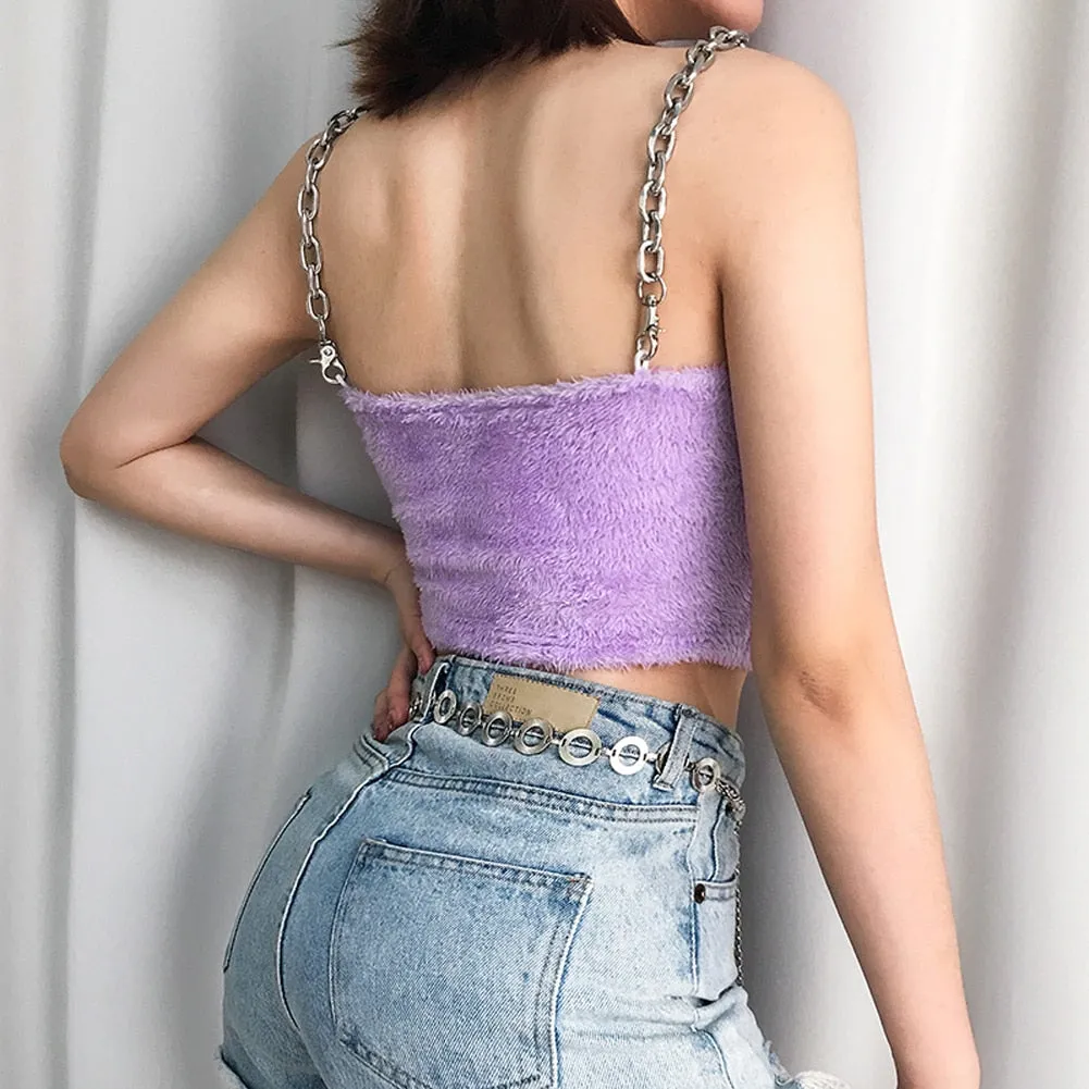 Y2K Soft Girl Plush Metal Chain Strap Top