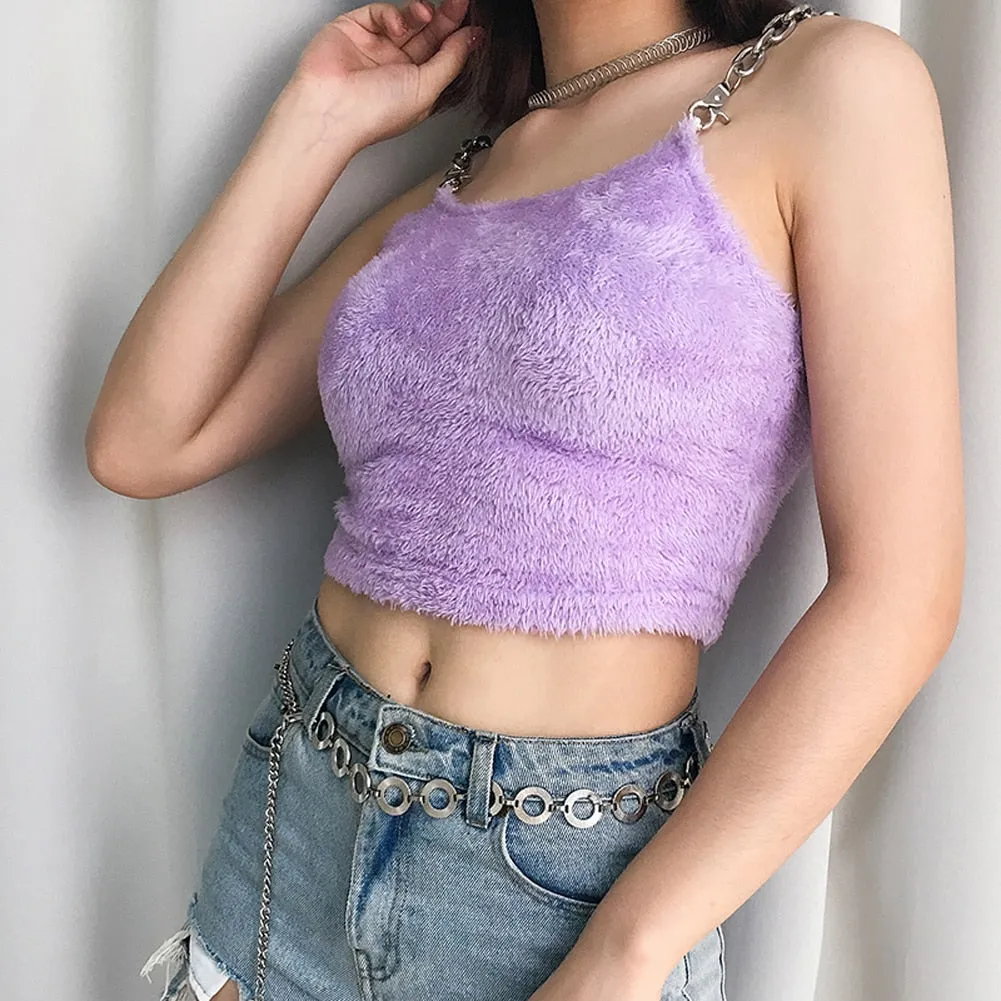 Y2K Soft Girl Plush Metal Chain Strap Top