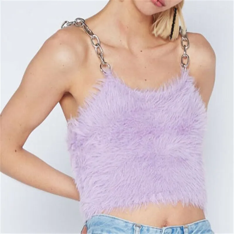 Y2K Soft Girl Plush Metal Chain Strap Top