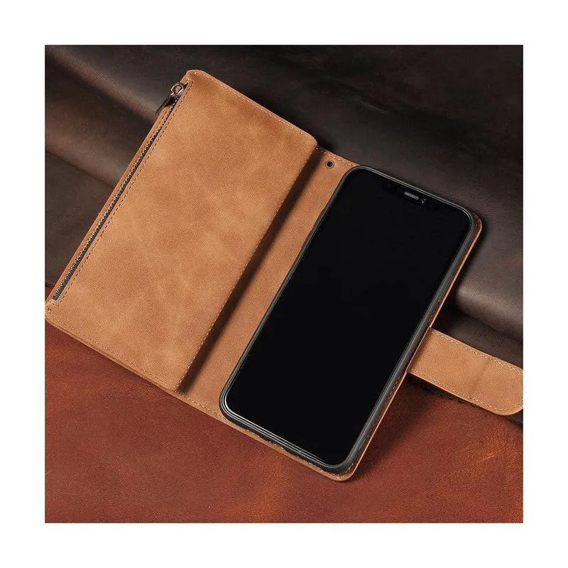 Zipper Wallet Mobile Phone Case for iPhone 13 Pro Max with Wrist Strap Brown