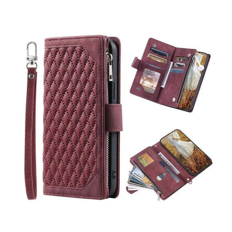 Zipper Wallet Mobile Phone Case for Samsung Galaxy A52/A52s with Wrist Strap - Wine