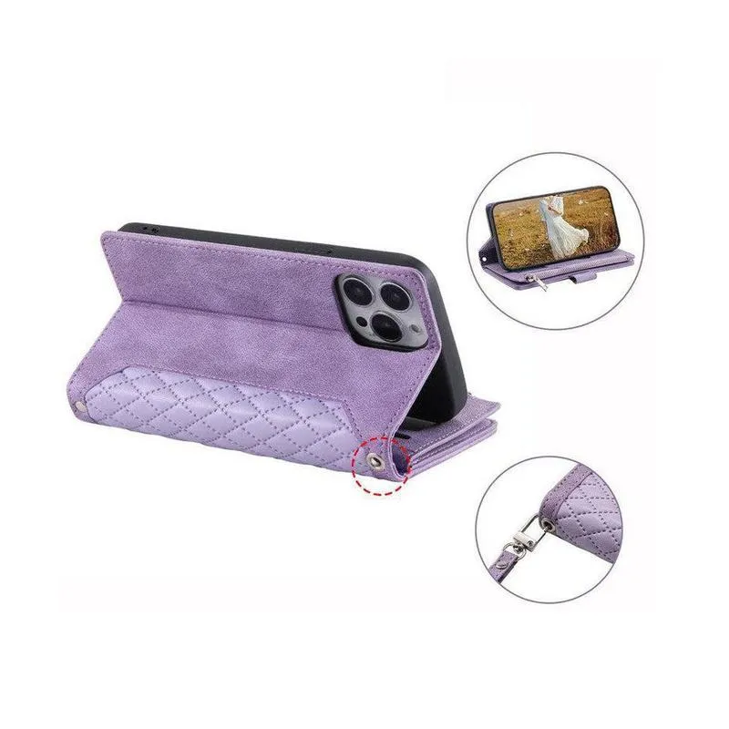 Zipper Wallet Mobile Phone Case for Samsung Galaxy A52/A52s with Wrist Strap - Wine