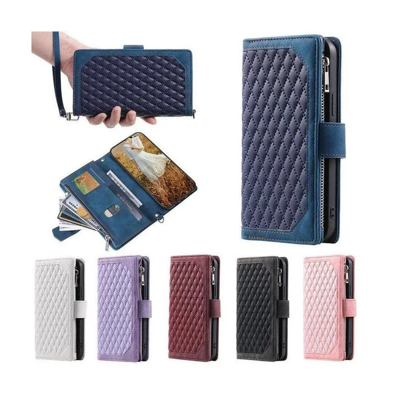 Zipper Wallet Mobile Phone Case for Samsung Galaxy A52/A52s with Wrist Strap - Wine