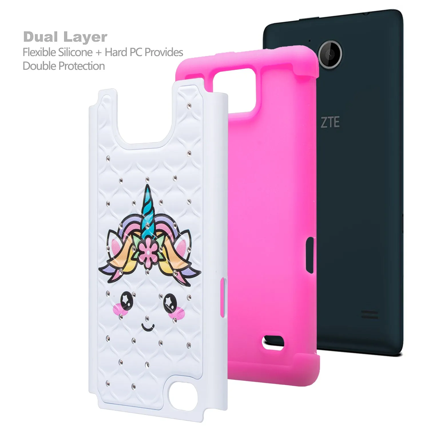 ZTE Majesty Pro Case, ZTE Tempo, Z799VL, N9131, Slim Hybrid Crystal Rhinestone Dual Layer [Shock Resistant] Protective Cover - White Unicorn