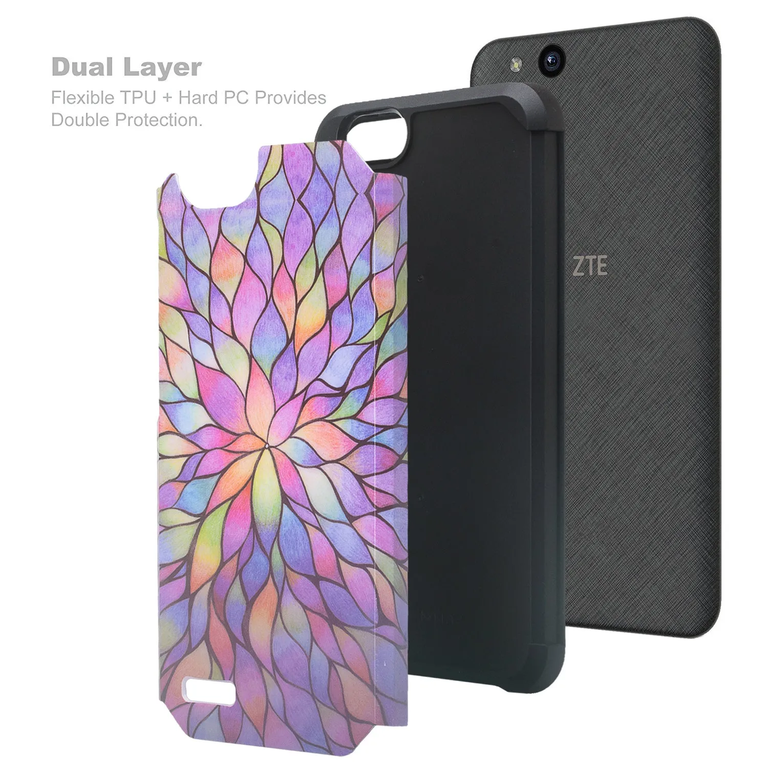 ZTE Tempo X Case, Tempo Go, Blade Vantage, Avid 4, ZFive C, ZFive G, N9137, Z557BL, Z558VL, Slim Dual Layer Hybrid Shockproof Protective Cover - Rainbow Flower