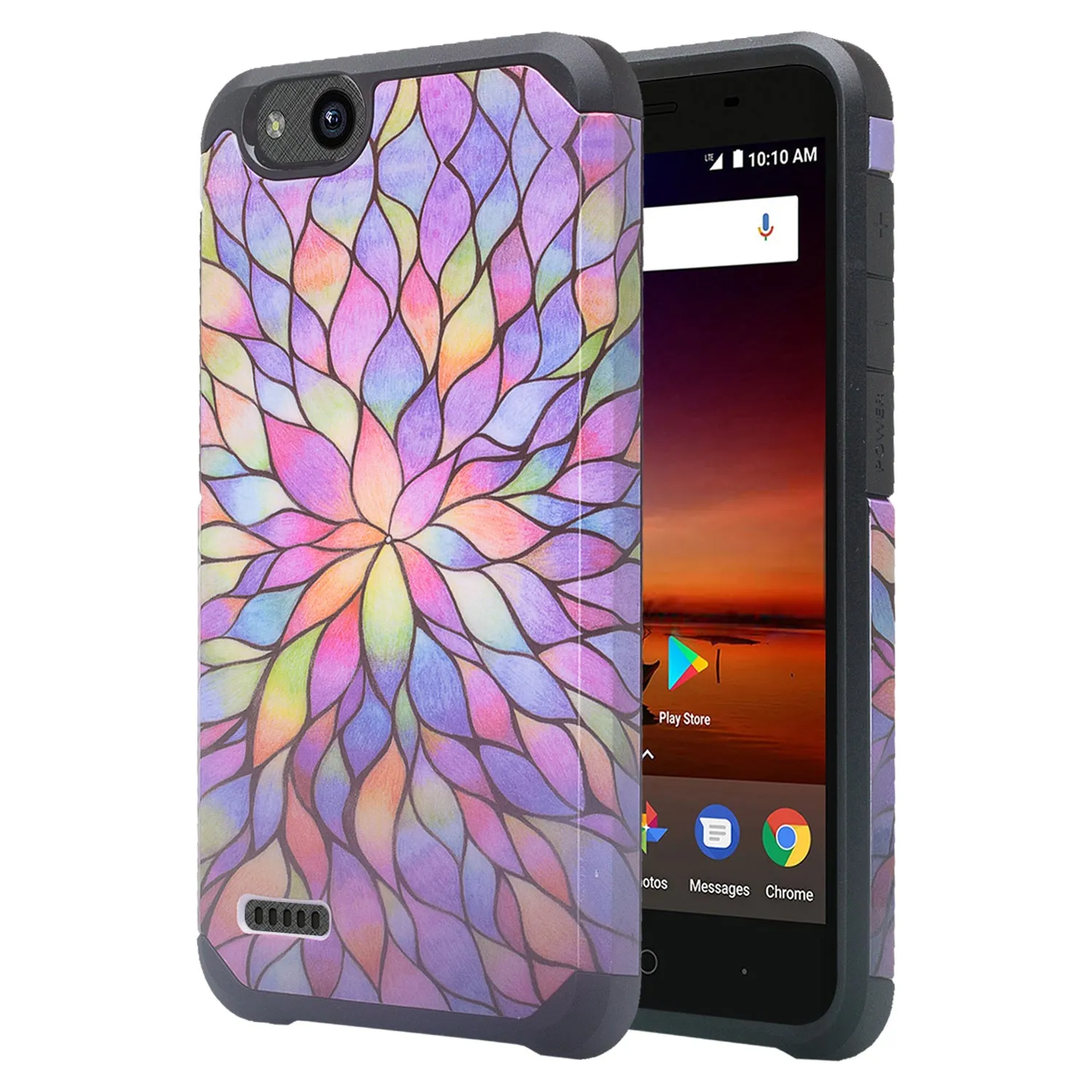 ZTE Tempo X Case, Tempo Go, Blade Vantage, Avid 4, ZFive C, ZFive G, N9137, Z557BL, Z558VL, Slim Dual Layer Hybrid Shockproof Protective Cover - Rainbow Flower