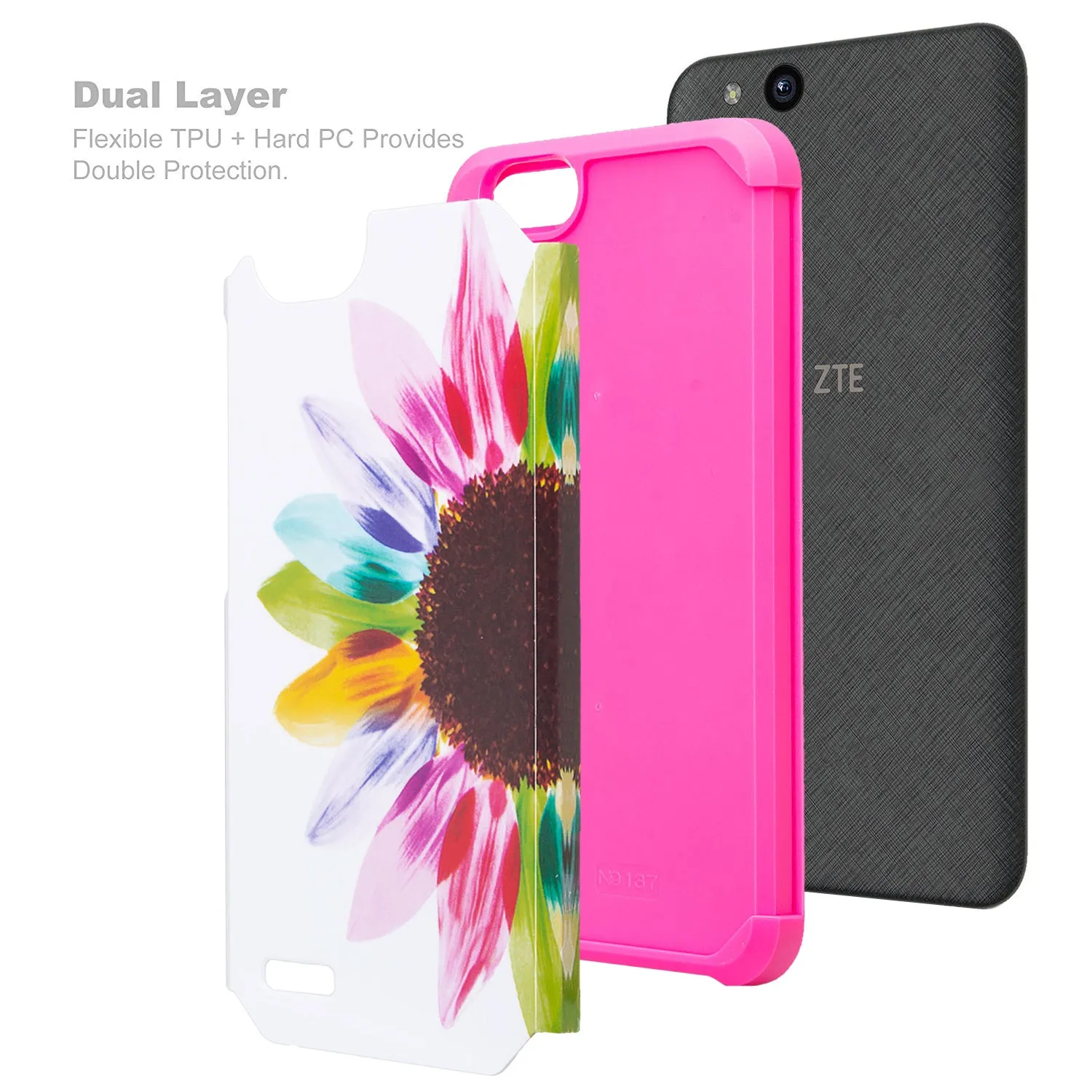 ZTE Tempo X Case, Tempo Go, Blade Vantage, Avid 4, ZFive C, ZFive G, N9137, Z557BL, Z558VL, Slim Dual Layer Hybrid Shockproof Protective Cover - Vivid Sunflower