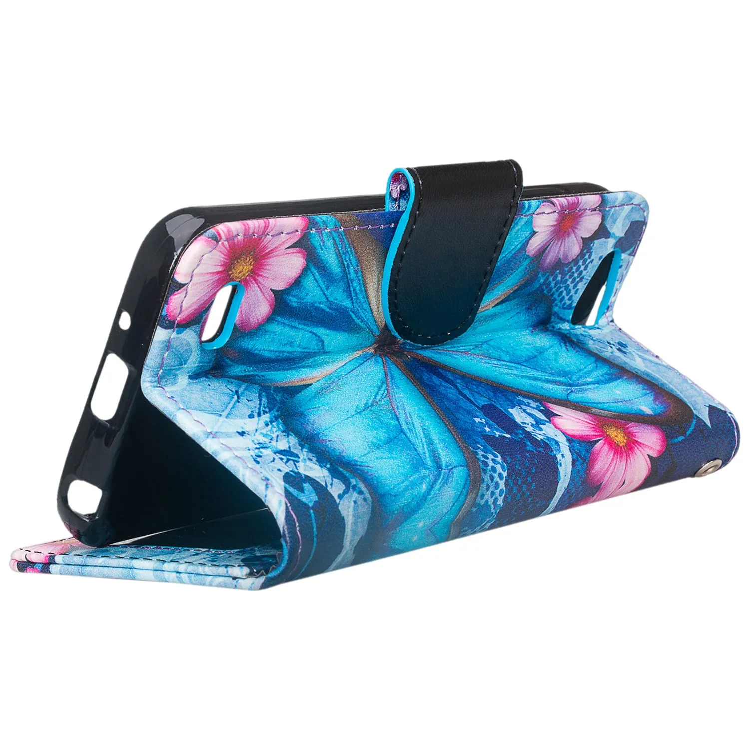 ZTE Tempo X Case, Tempo Go, Blade Vantage, Avid 4, ZFive C, ZFive G, N9137, Z557BL, Z558VL, Slim Flip Fold [Kickstand] Faux Leather Wallet Cover w/ Slots & Pocket   Wrist Strap - Blue Butterfly