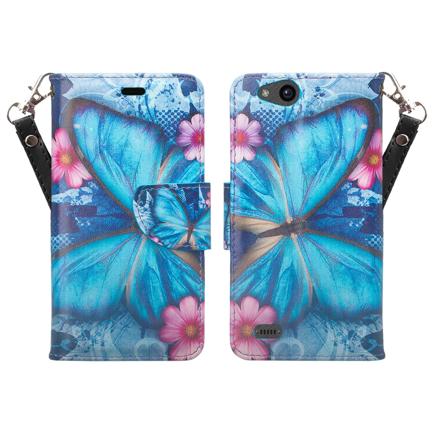ZTE Tempo X Case, Tempo Go, Blade Vantage, Avid 4, ZFive C, ZFive G, N9137, Z557BL, Z558VL, Slim Flip Fold [Kickstand] Faux Leather Wallet Cover w/ Slots & Pocket   Wrist Strap - Blue Butterfly