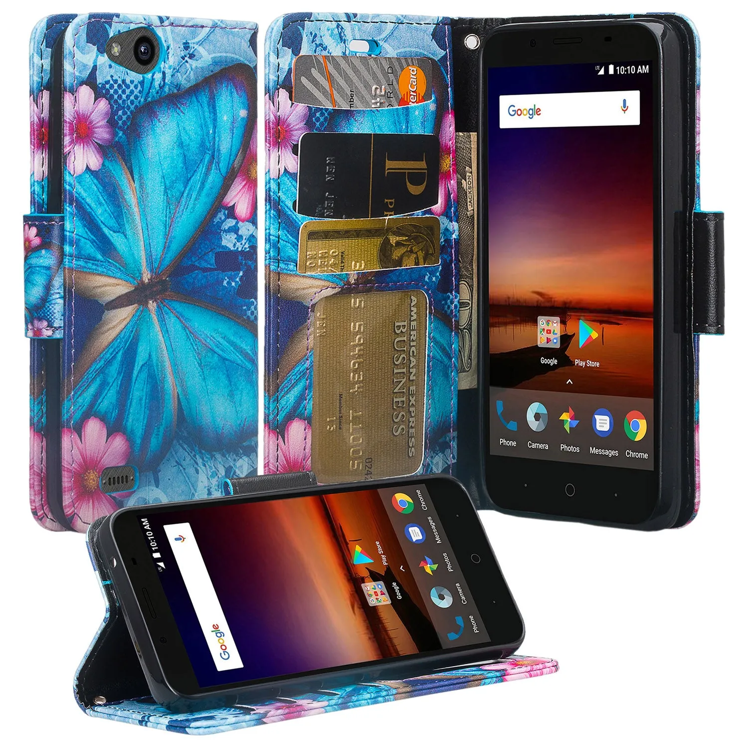 ZTE Tempo X Case, Tempo Go, Blade Vantage, Avid 4, ZFive C, ZFive G, N9137, Z557BL, Z558VL, Slim Flip Fold [Kickstand] Faux Leather Wallet Cover w/ Slots & Pocket   Wrist Strap - Blue Butterfly